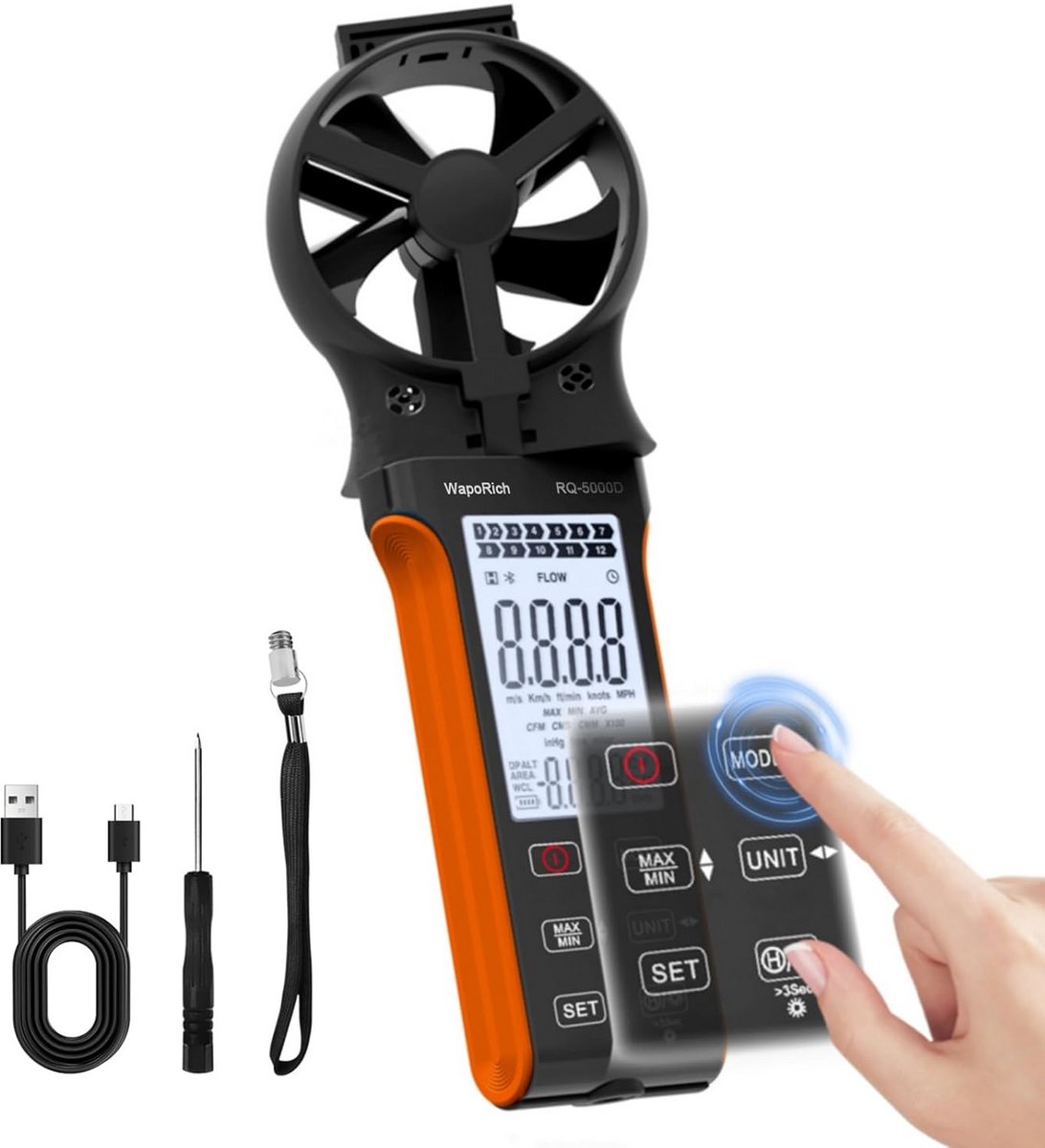 Digitale Windmeter - Anemometer Luchtvolume - Luchtstroom Meten - Rechargeable Touchscreen - 0-999900 CMM - Zwart