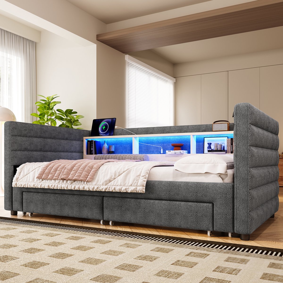 DESMIU Gestoffeerd Dagbed 90x190cm – Multifunctioneel Uitrolbed Met Ledverlichting En Usb-C Oplaadfunctie – Opberglades En Vakken – Voor Slaapkamer En Logeerkamer – Zacht Fluweel – Zonder Matras – Grijs