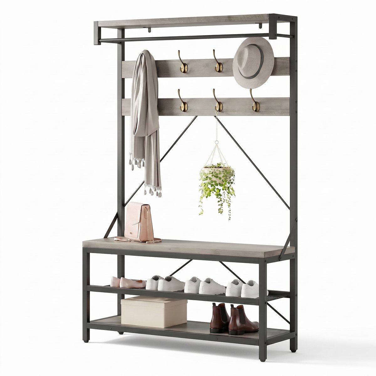 Aiverig® Kapstok met Schoenenrek – Grijs – Halmeubel & Garderoberek met Zitbank – Industriële Staande Kapstok met 8 Haken & 2 Schoenenplanken – Voor Hal & Entree – Grijs Hout & Zwart – 102×40×183 CM