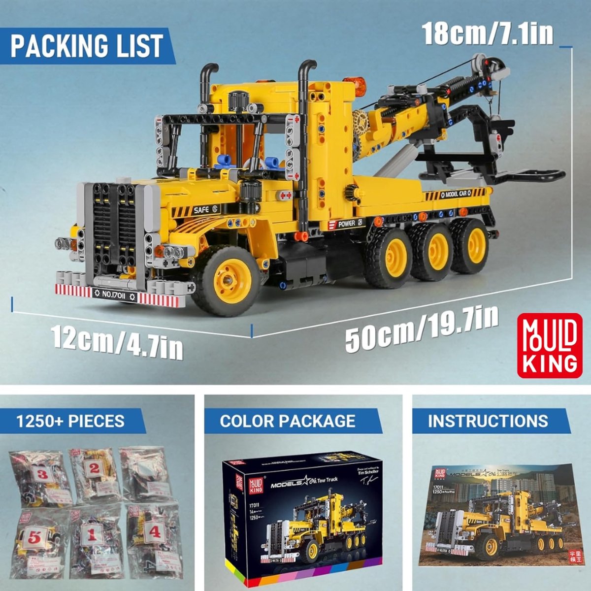 Mould king 17011 Technisch sleepwagen bouwset | Hijskraan auto modelbouw | Educatief constructie speelgoed bouwpakketten voor kinderen & volwassenen | Geschikt voor Lego technic | Bouwdoos met 1277 bouwstenen — afbeelding 6