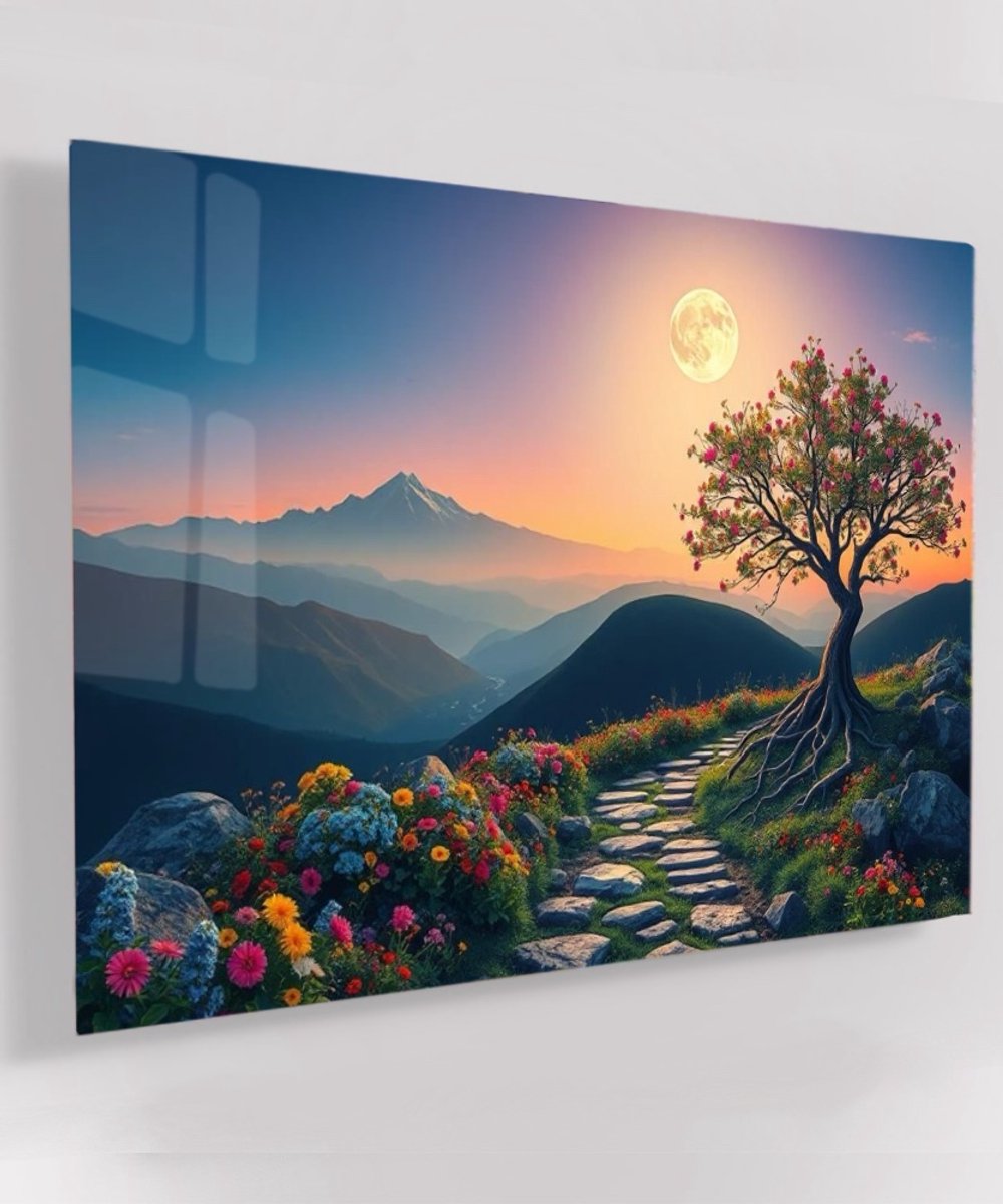 online schilderij Glas Schilderij Blossom Tree Stone Path - 40x60 cm - Huis decoratie woonkamer - Keuken muur schilderijen - Wanddecoratie accessoires - Kamer interieur natuur blauw