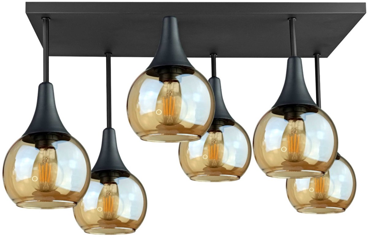 KETER LIGHTING Soma Black Honey Plafondlamp 6xE27 – Zwart Metaal & Amber Glazen Lampenkappen