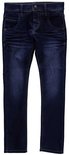 Donkerblauwe jeans van Name It met lichte wassing, voorkant met twee zakken en knoopsluiting.