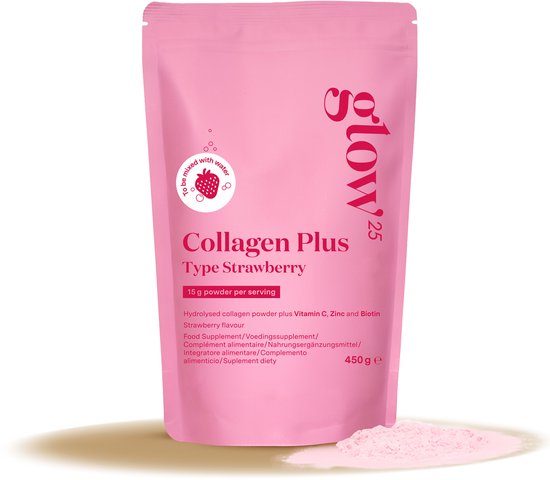 Een roze Glow25 Collagen Plus Type Strawberry zakje met aardbeien en wat poeder ernaast.