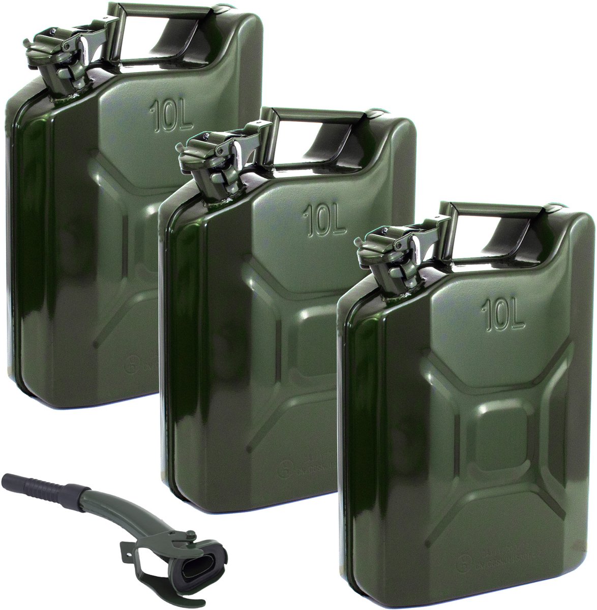TRUTZHOLM 3x Metalen Jerrycan 10L - Olijfgroen - Met UN-Goedkeuring - Inclusief Flexibele Schenktuit Diesel Benzine Voordeelset