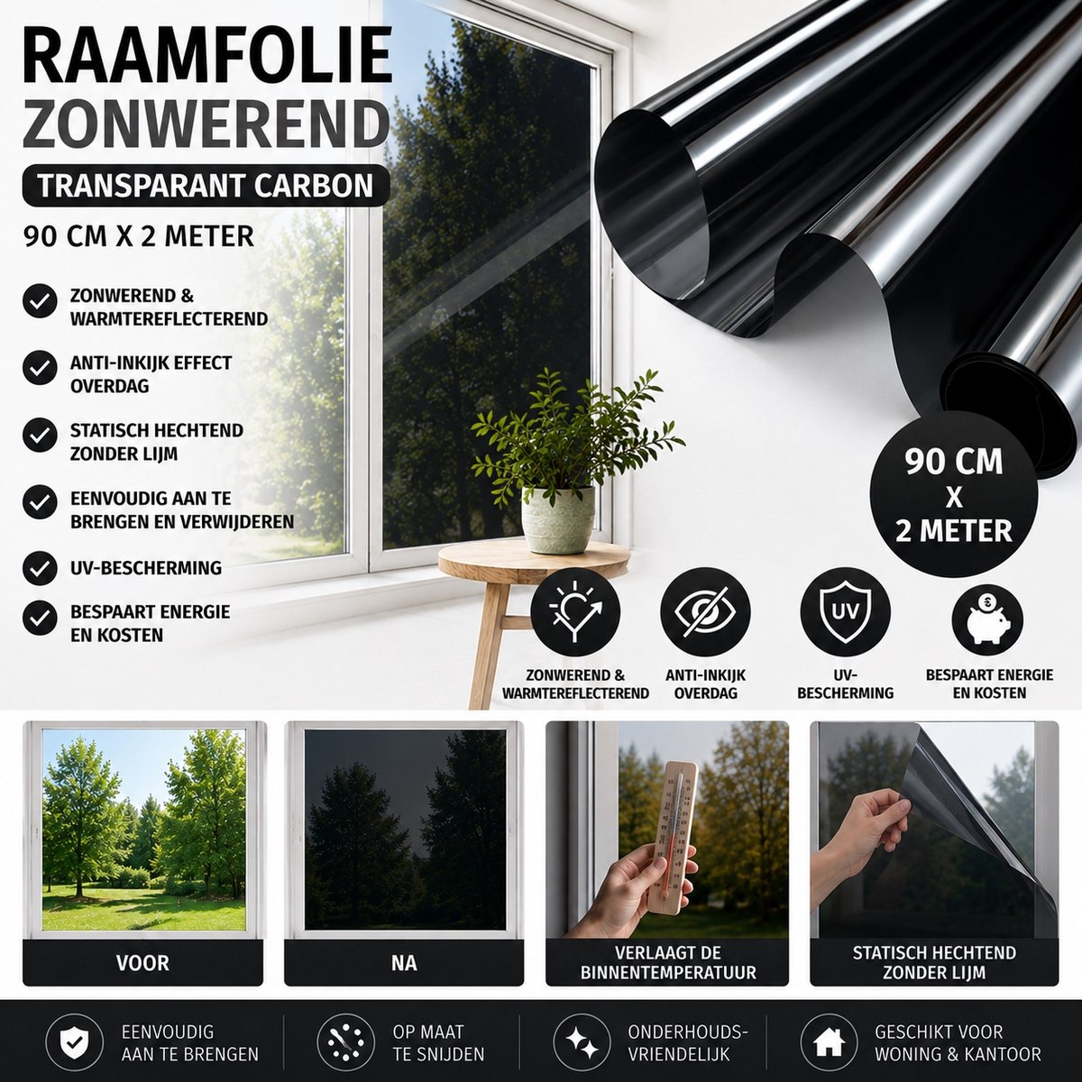 Wicotex - Raamfolie zonwerend- Afmeting 90cm x 2m - Kleur transparant carpon