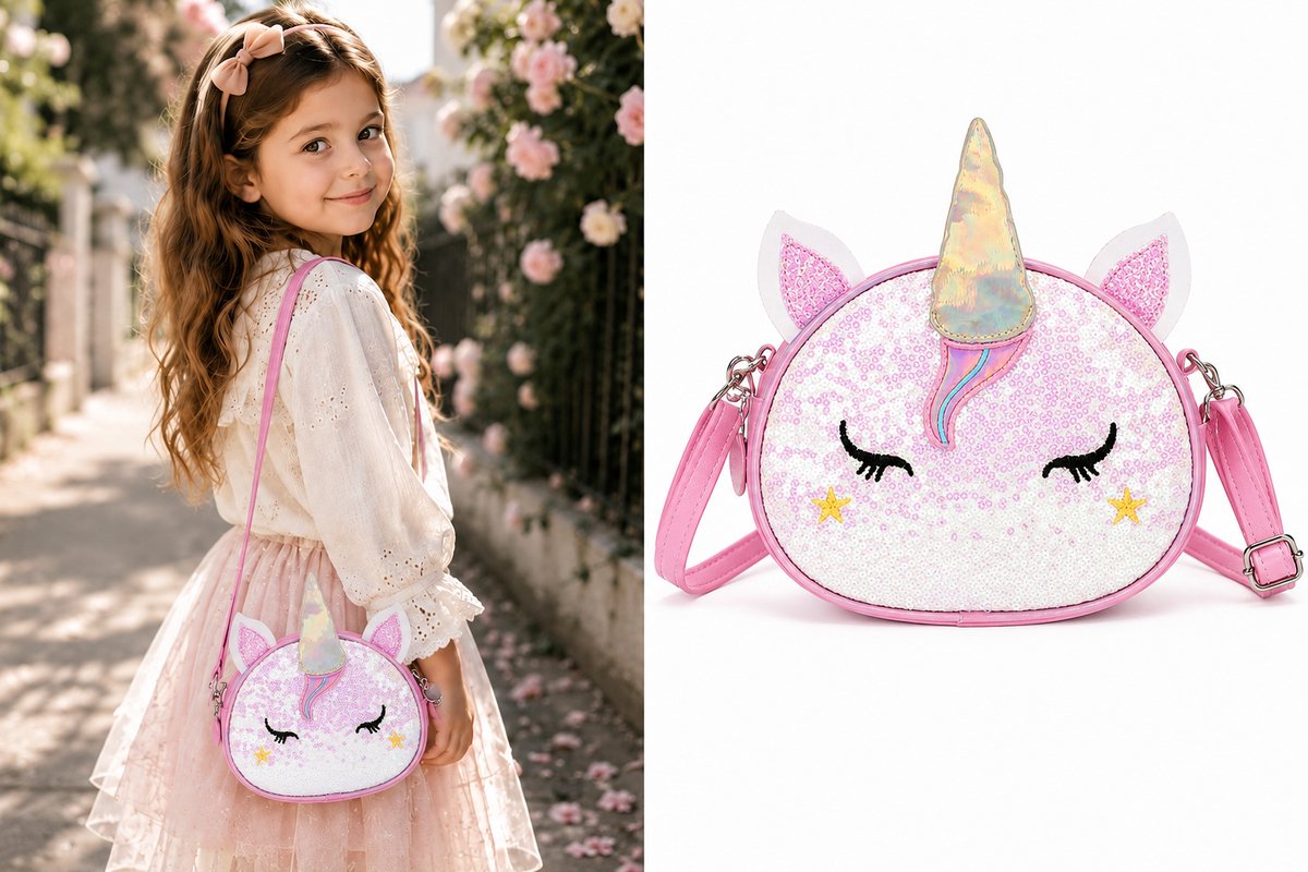 Meisjes Schoudertas – Unicorn – Wit Roze – Pailletten Tas – Verstelbare Kinder Schoudertas – Glitter Eenhoorn Tasje – 22x19x7 cm
