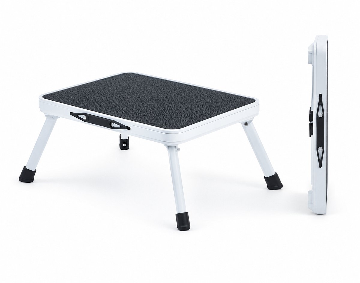 DIMICO - Huishoudtrap - Keukentrap - Opstapje - Opstapkrukje - Inklapbaar Krukje - MAX 150KG - Wit -Anti Slip - Opvouwbaar 1 trede