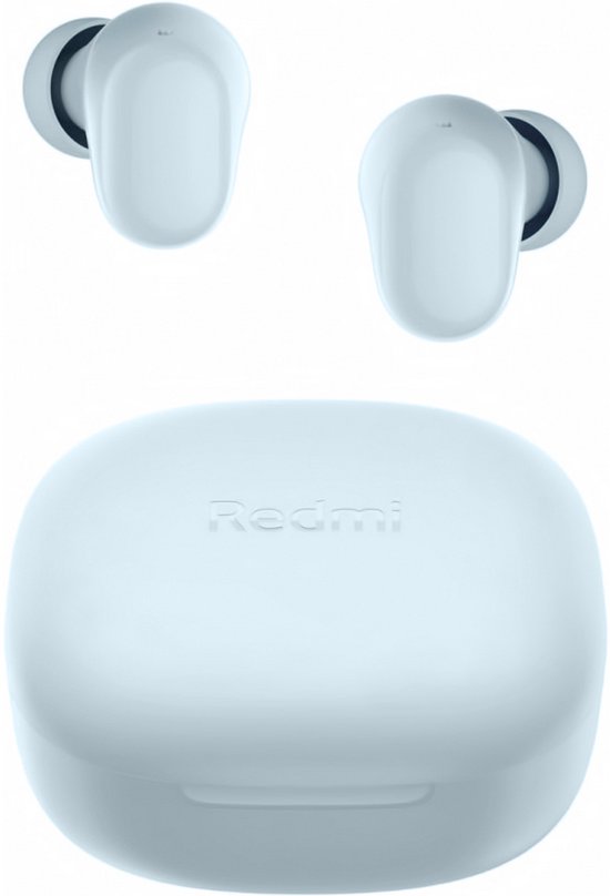Écouteurs Redmi bleu clair et leur boîtier de chargement fermé.