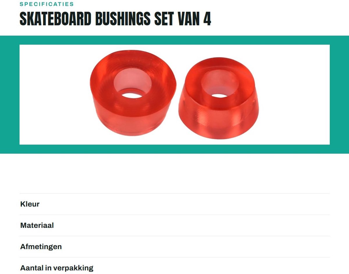 Dailygoods- Skateboard Bushings 4-Pack - Schokdemper - Accessoires - Transparant Rood - Geschikt voor Skateboards/Longboards - Kegelhoogte 11 mm - Skateboard Dempers