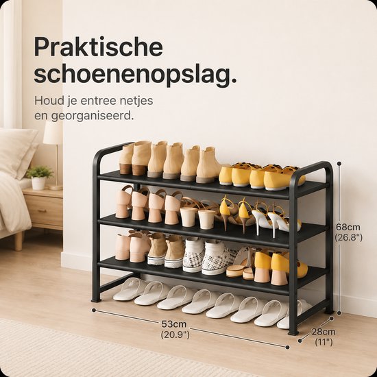 BOTC Schoenenrek - schoenenkast - 3 Lagen - Voor 12 paar schoenen - 53 x 28 x 68 cm - Metaal - Zwart