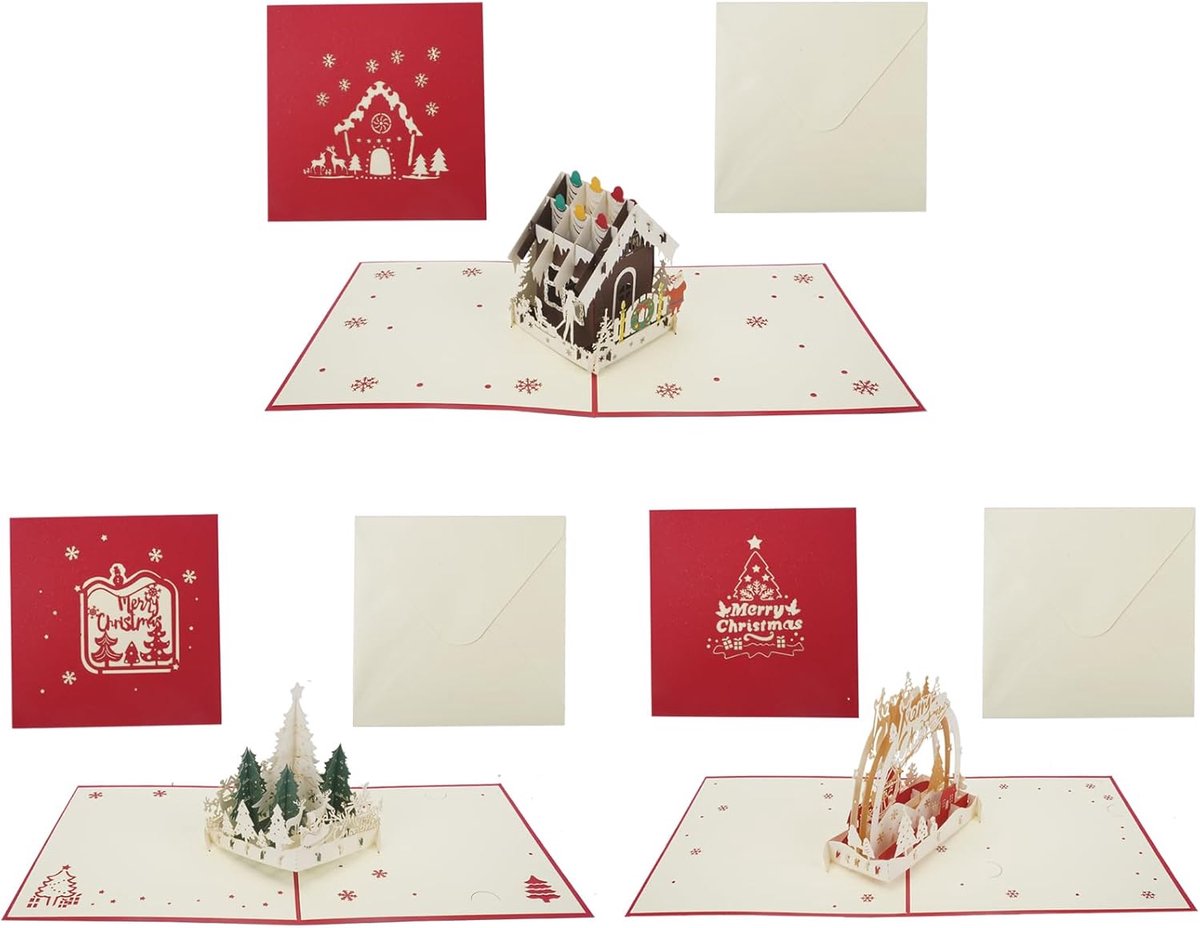 Kerstkaarten Set - Wenskaarten Kerst - Kerstwensen Sturen - 3D Pop-up Design - 3 Stuks - Rood Wit