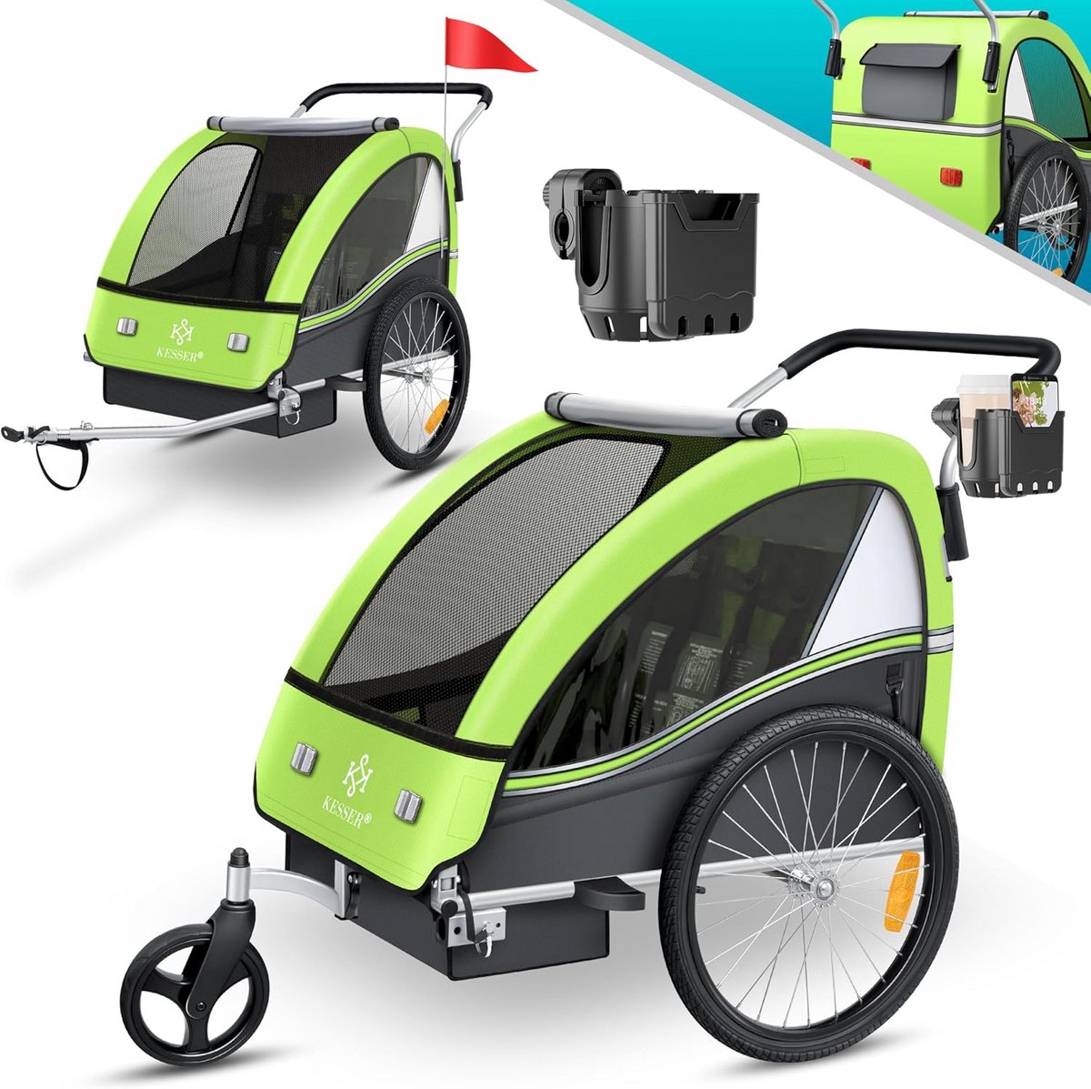 Kinderfietskar - Kinderbuggy Aanhanger - Veilig op pad - 2-in-1 functie - Tot 40 kg - Lichtgroen