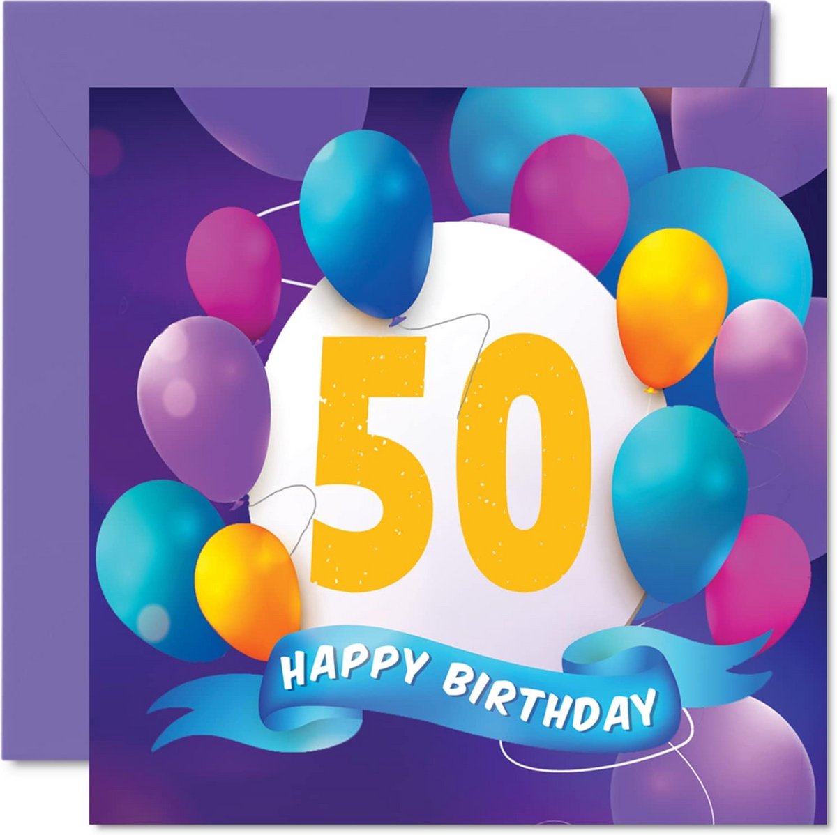 Verjaardagskaart 50 jaar - Wenskaart mannen vrouwen - Feestelijke felicitaties - Ballon ontwerp binnenkant blanco - 145 x 145 mm