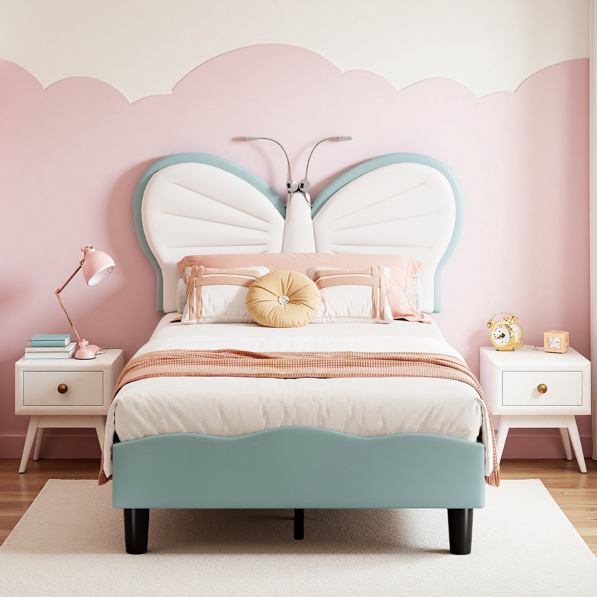 ROSAHQNDA Kinderbed 90x200cm - met vlinderhoofdbord - gestoffeerd bed voor meisjes - met lattenbodem - bedframe voor kinderen - kinderkamer bed - blauw（zonder matras）