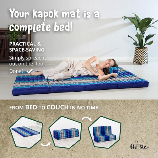 Klapmatras - Gastenmatras Plooimatras - Ontspannen en Slapen - Natuurlijke Kapokvulling - 200x110cm - Blauw — afbeelding 5