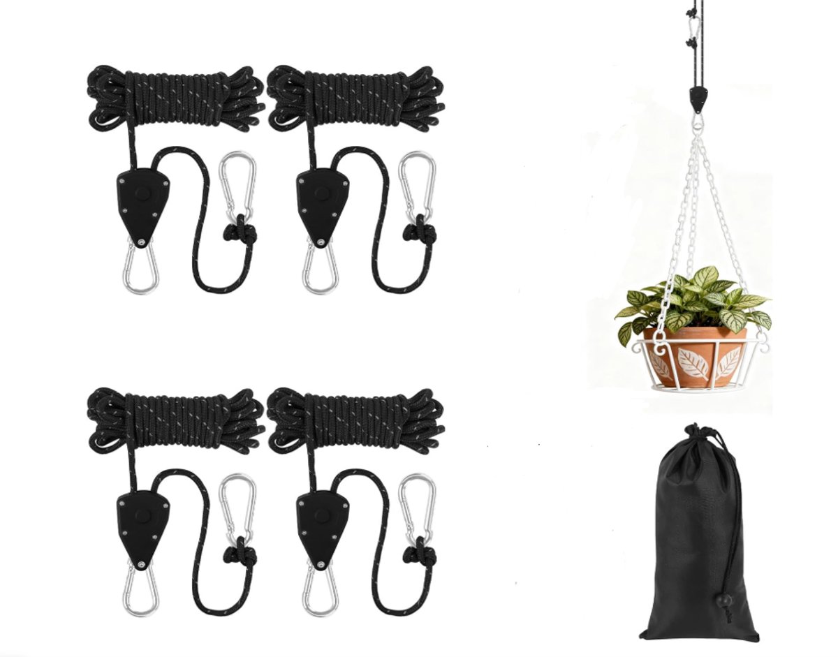4 stuks Rateltouwen met Haak – 4 mm Tentkoord voor Kamperen met Spaninrichting en Opbergtas – 4 m Verstelbaar Ratelkoord – Lichtgewicht Kampeertouw – Geschikt voor Zonnescherm, Geschikt voor Kamperen, Geschikt voor Plantenlamp (Zwart)