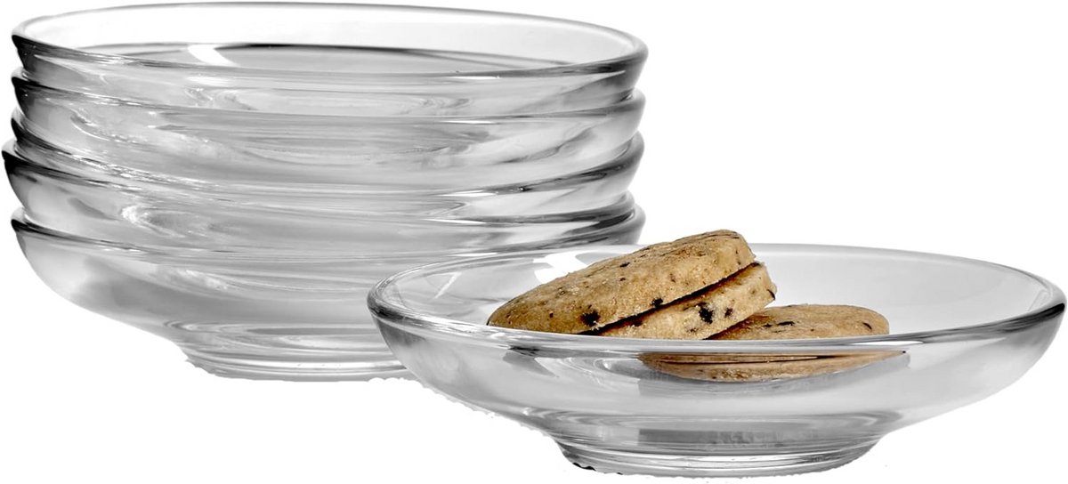 Set van 6 doorzichtige glazen schotels voor snacks en theekopjes