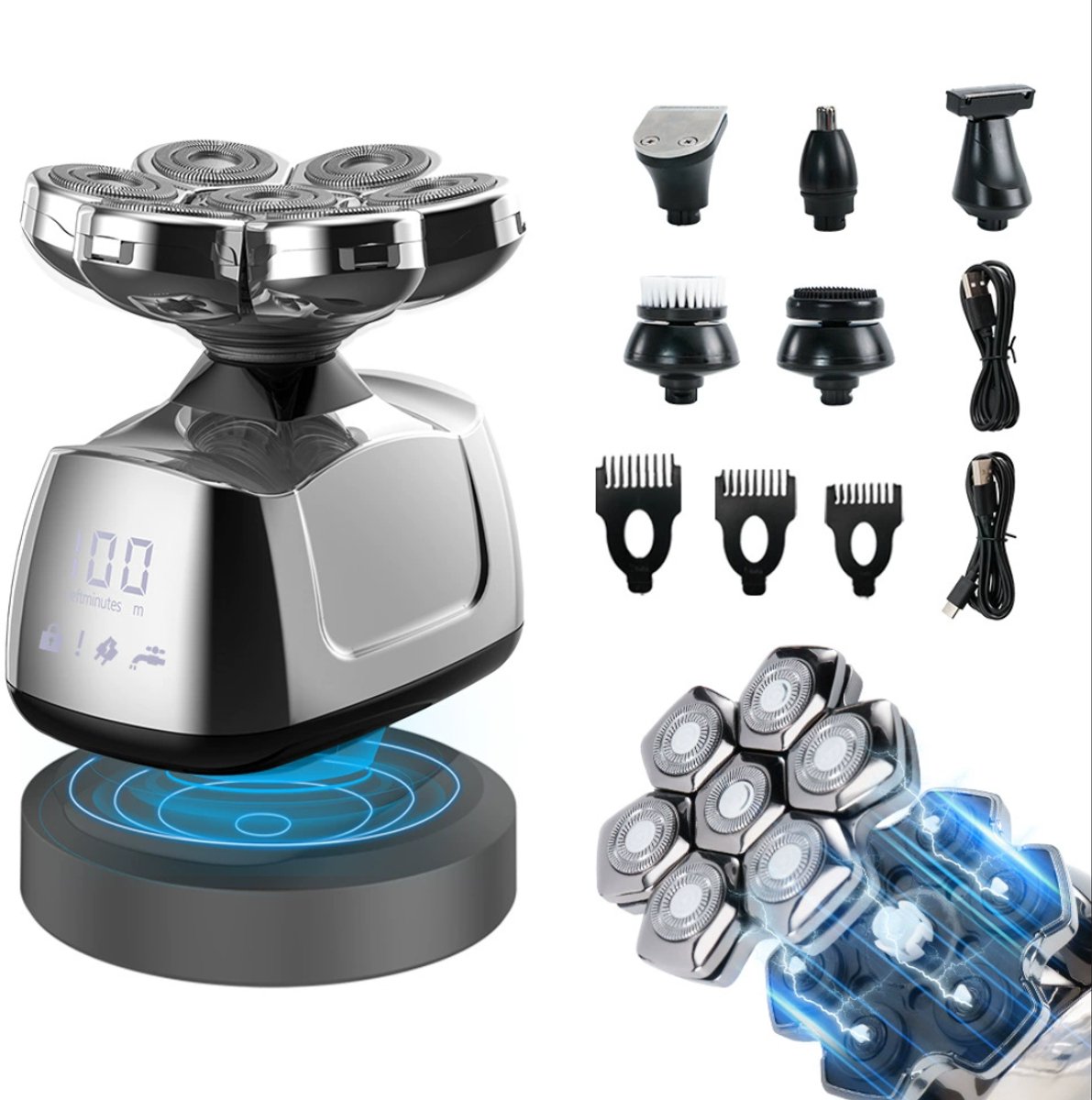 5D Kaal Hoofd Scheerapparaat voor Mannen – Haartrimmer voor Kale Mannen – 120 min batterijduur – Kale Hoofdtrimmer – Waterdicht Scheerapparaat voor Hoofd – Nat & Droog – Met Neustrimmer & LED-scherm & Opzetkam