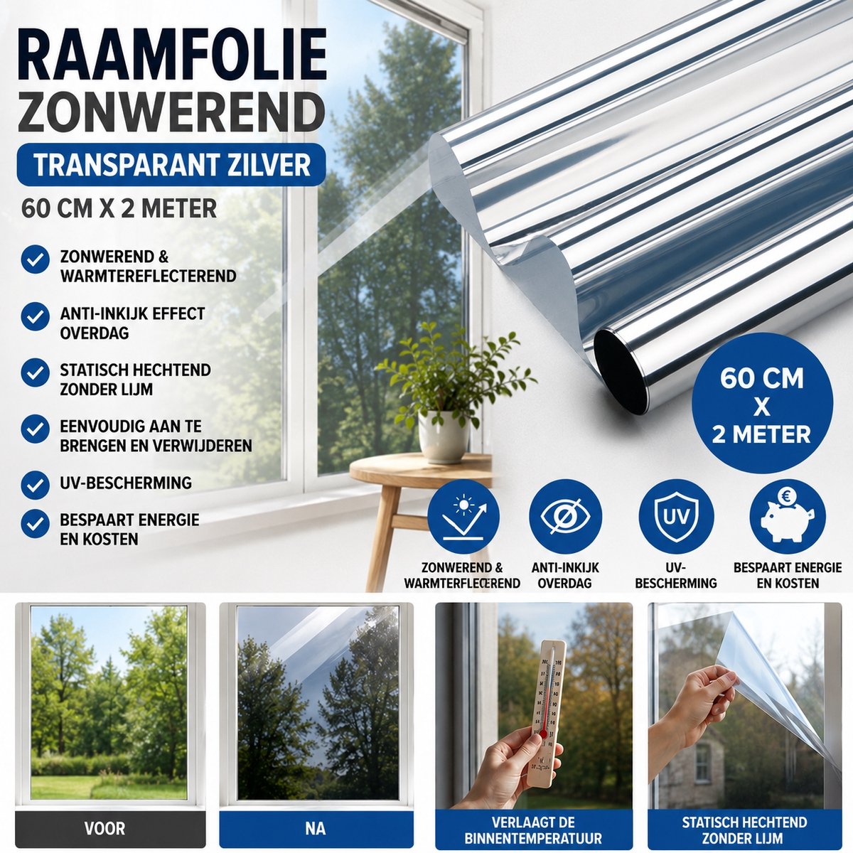 Wicotex - Raamfolie - Raamfolie Zonwerend - Afmeting 60cm x 2m - Kleur Transparant Zilver