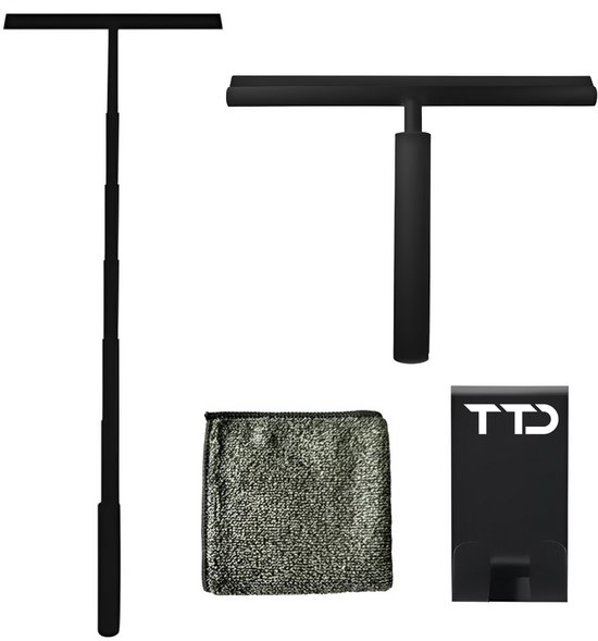 Zwarte douchewisser met een volledig uitgeschoven steel van 97 cm, een ingeschoven steel van 31,8 cm, een microvezeldoek en een ophanghaak.