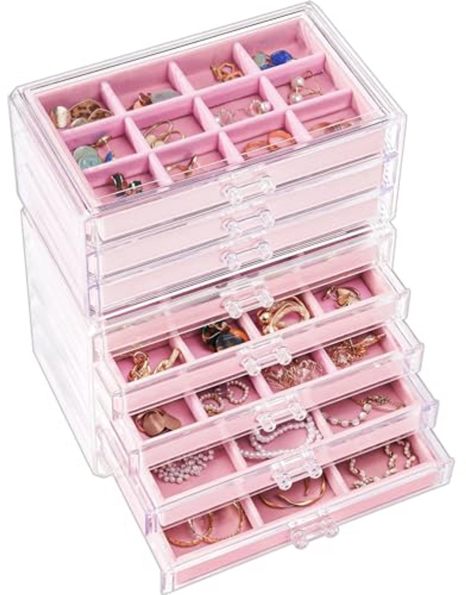 Juwelendoos met Lades - Sieraden Opberger - Sieraden Organiseren - Verstelbare Vakverdeling - 23.5 x 13.5 x 27 cm - Roze