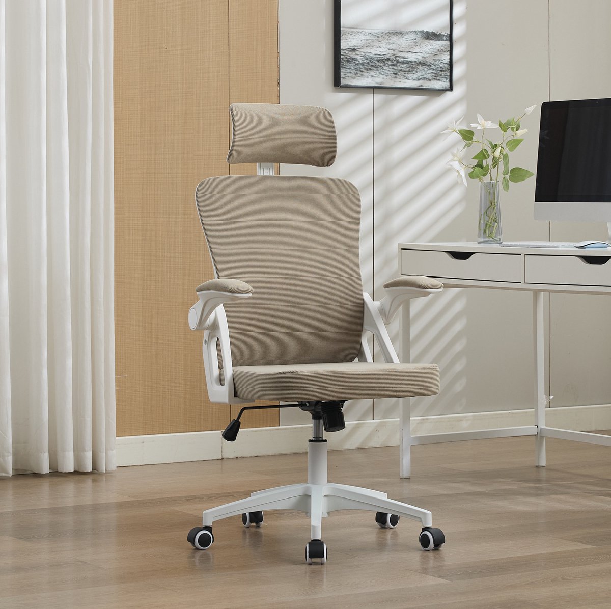 Wishdor Bureaustoel 65 x 58 x 108-117,5 cm met hoofdsteun en verstelbare armleuningen khaki