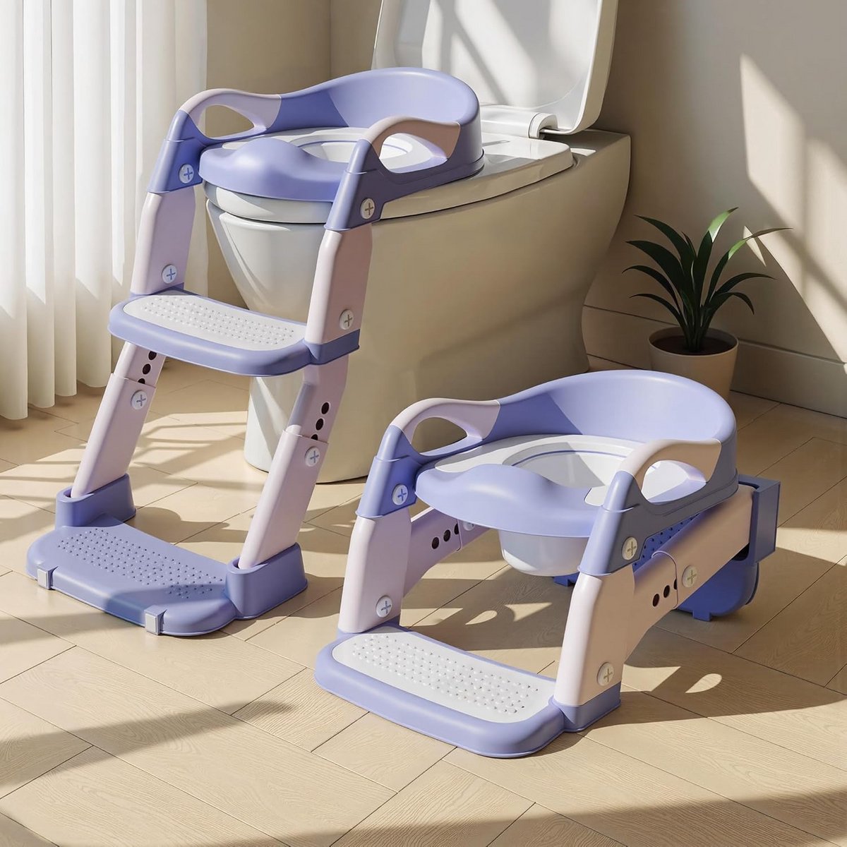Kindertoiletladder - Zindelijkheidstrainer - Zelfstandig naar toilet - 3-in-1 functie - In hoogte verstelbaar - Paars