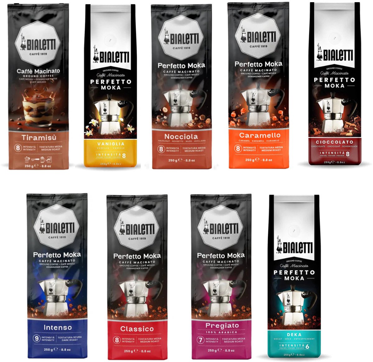 Bialetti Proefpakket - Classico - Intenso - Pregiato - Deca - Nocciola - Vagnilia - Tiramisu - Cioccolato - Caramello - Mixverpakking - 2250g (9x250g)