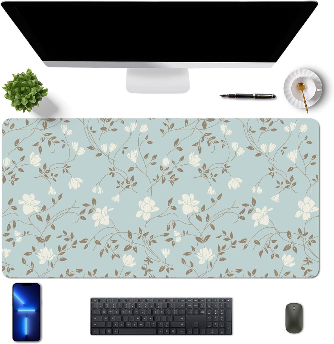 Bureauonderlegger - Bureaumat - Bureau Organisatie - Waterdicht en makkelijk schoon - 80 x 40 cm - Witte bloemen