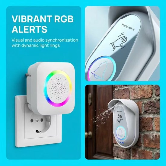 Contactloze draadloze deurbel met bewegingssensor (activeren door zwaaien) - Ontvanger met RGB-nachtlampje - 38 ingebouwde melodieën; geschikt voor huisbeveiliging (ouderen, huisdieren, appartementen) - Draadloze deurbel - Contactloze deurbel-wit — afbeelding 2