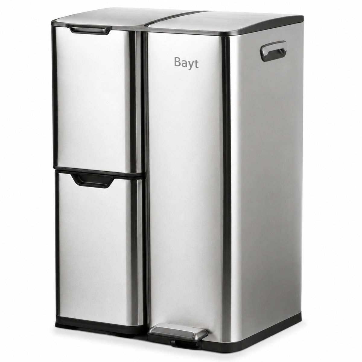 Bayt Prullenbak - Prullenbak 60 Liter - Vuilnisbak 60 Liter - Pedaalemmer 60 Liter - Prullenbak Afvalscheiding - Prullenbak 3 Vakken - Afvalbak - RVS - Zilver
