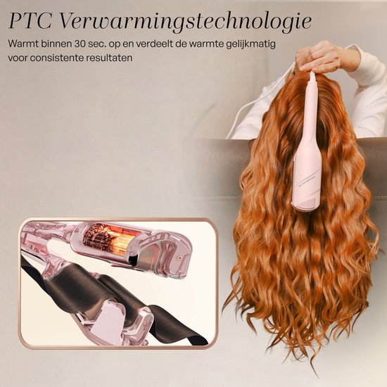 Roze krultang met keramische platen die haar krult. PTG verwarmingstechnologie voor consistente resultaten.
