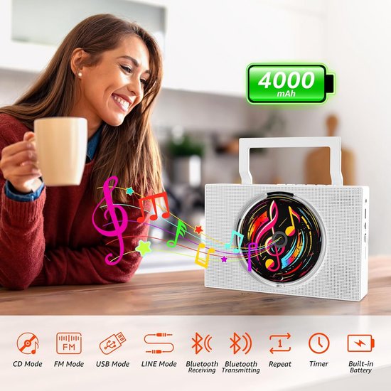 Draagbare cd-speler met Bluetooth - Oplaadbare cd-speler met FM-radio, USB, AUX en afstandsbediening - Stereogeluidssysteem met 4000 mAh-batterij - Ondersteunt cd/cd-r/cd-rw/mp3/wma（Wit） — afbeelding 4