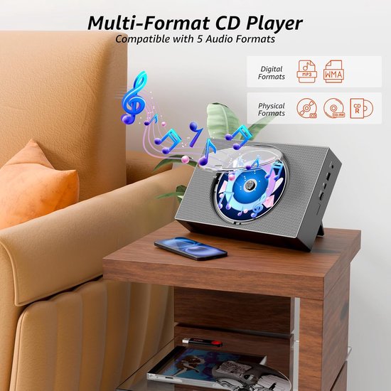 Draagbare cd-speler met Bluetooth - Oplaadbare cd-speler met FM-radio, USB, AUX en afstandsbediening - Stereogeluidssysteem met 4000 mAh-batterij - Ondersteunt cd/cd-r/cd-rw/mp3/wma（Zwart） — afbeelding 3