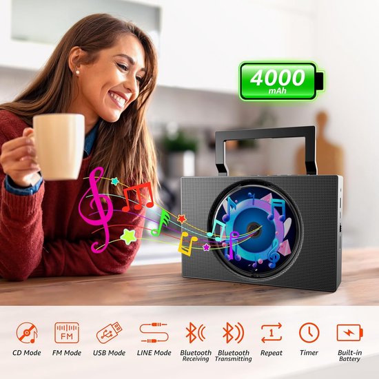 Draagbare cd-speler met Bluetooth - Oplaadbare cd-speler met FM-radio, USB, AUX en afstandsbediening - Stereogeluidssysteem met 4000 mAh-batterij - Ondersteunt cd/cd-r/cd-rw/mp3/wma（Zwart） — afbeelding 4