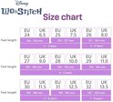 Maattabel voor Lilo & Stitch schoenen: EU maten 24-32, UK maten 6.5-13.5, lengtes 144-202 mm, leeftijden 2-8 jaar.