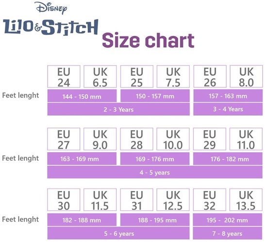 Maattabel voor Lilo & Stitch schoenen: EU maten 24-32, UK maten 6.5-13.5, lengtes 144-202 mm, leeftijden 2-8 jaar.