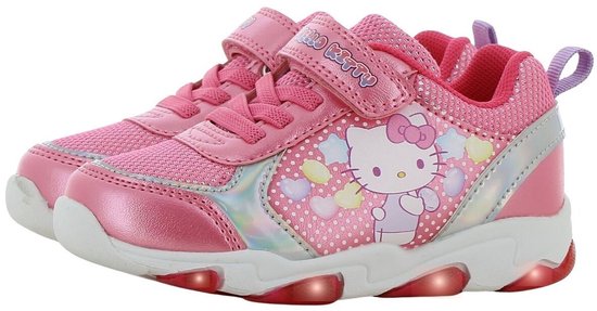 Roze Hello Kitty sneakers met knipperende lichten in de zool. Hello Kitty met strik en wolkjes.