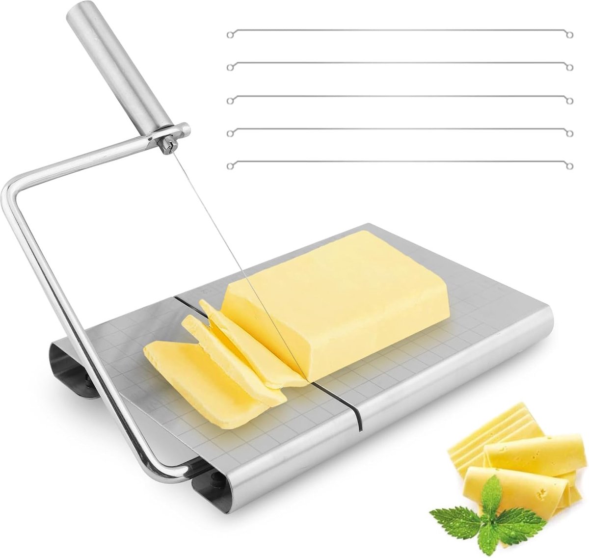 Kaasschaaf - Kaas botersnijder met snijdraad - Kaasschaaf met weegschaal - Inclusief 5 Vervangingsdraden - Essentials - Voor harde en zachte kaas en koude boter