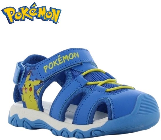 Blauwe sandaal met Pikachu print, klittenbandsluiting en gele veters.