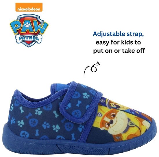 Officiële Paw Patrol pantoffel, blauw met pootjes en botjes patroon. Met Marshall en Chase op de neus. Met klittenbandsluiting.