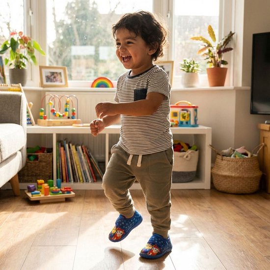 Vrolijke jongen van ongeveer 3 jaar, lachend in huis, draagt gestreepte t-shirt en Paw Patrol pantoffels.