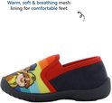 Paw Patrol pantoffel met rode rand, donkerblauwe achterkant en regenboogprint met Chase, Rubble en Marshall.