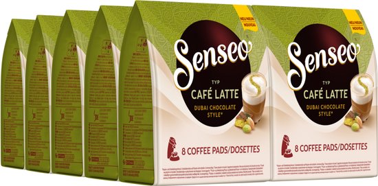 Senseo CafÃ© Latte Dubai Chocolate Style verpakking, 4 pakken van 8 koffiepads per stuk, met een kopje koffie en een stukje chocolade met pistache.