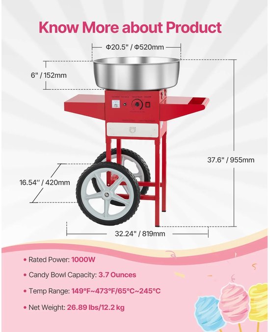 M-Goods - Suikerspinmachine met Kar - Professionele Suikerspin Maker - 1000W - 52 CM RVS Kom - Roze van M Goods — afbeelding 4