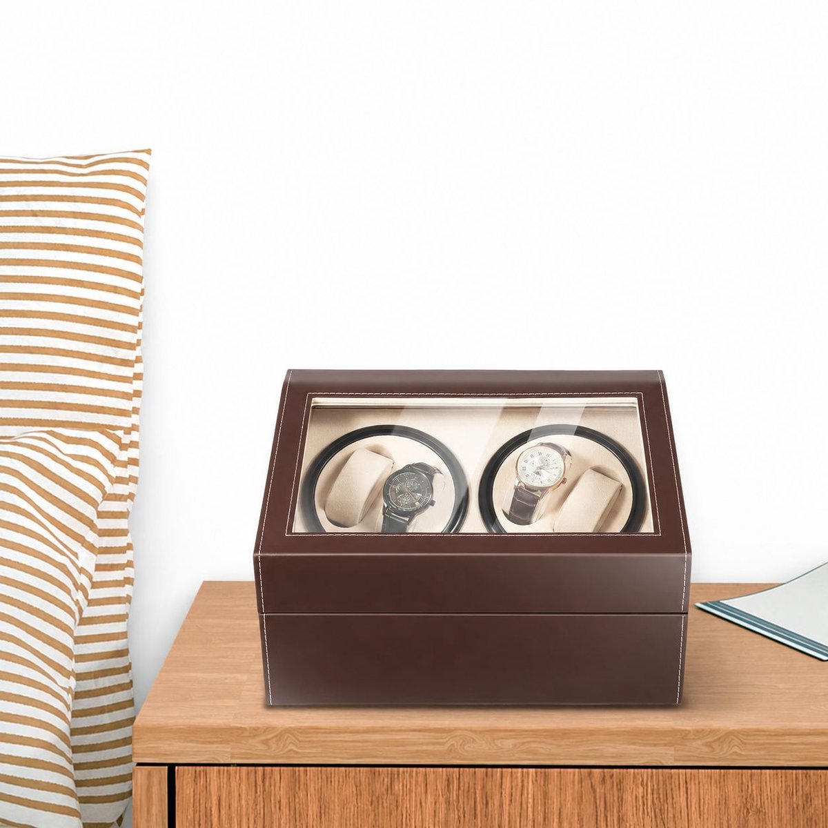 Allero Horlogedoos - Horloge Houder - Horloge Box - Laag Geluid - Zacht Gevoerd - Bruin - 4 + 6 Horloges - Bidirectionele Rotatie