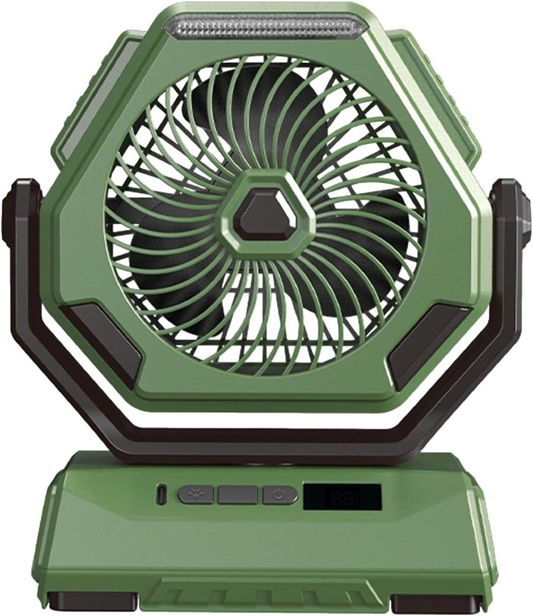 Bureau Ventilator - Kampeer Ventilator - Buiten Ontspannen - Met LED Lantaarn - 6000 mAh Batterij - Legergroen