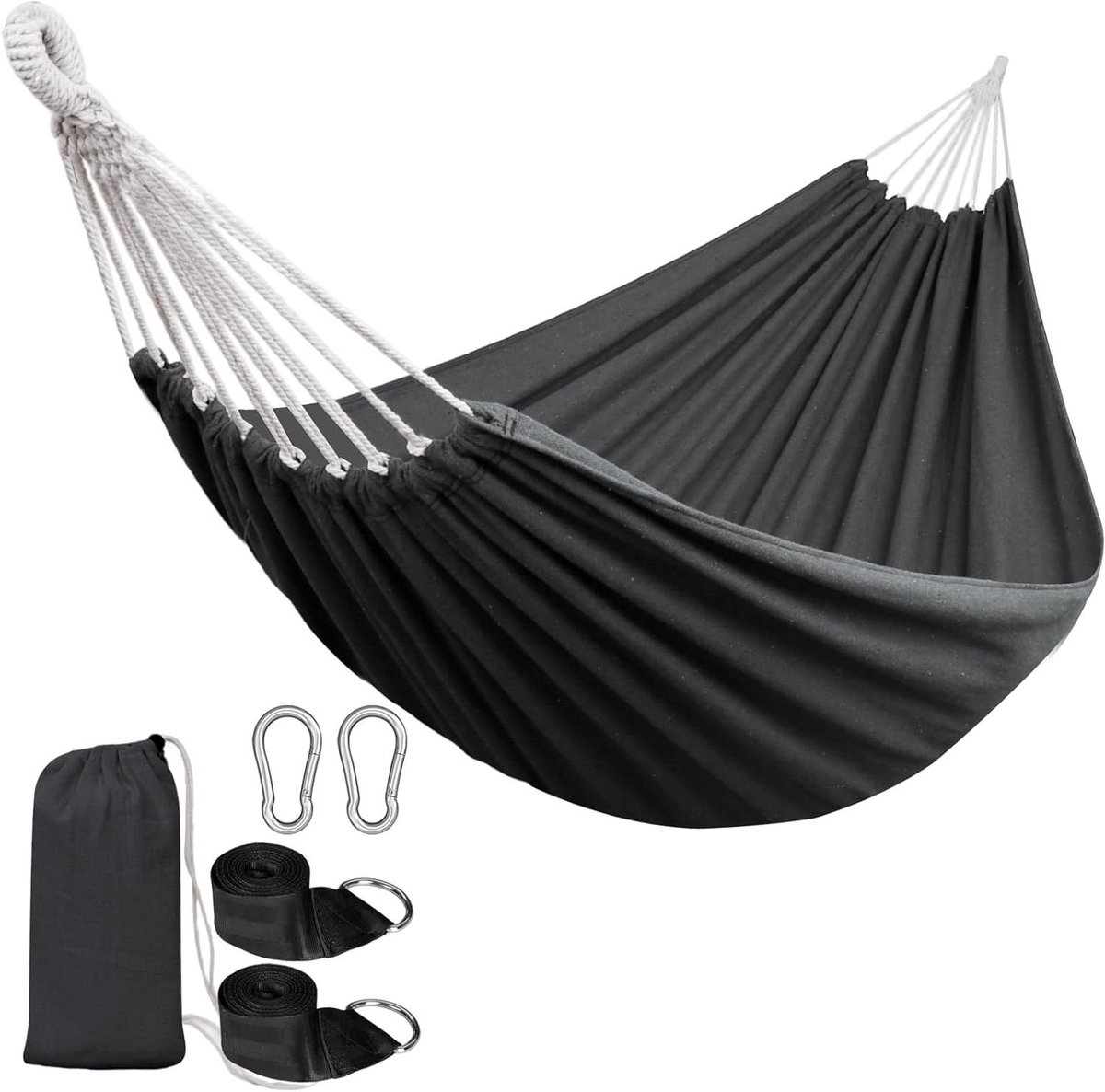 Katoenen Hangmat - Draagbare Relaxplek - Buiten Ontspannen - Anti-rollover Design - 2.55 x 1.5 Meter - Donkergrijs