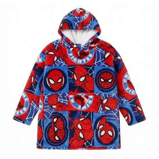 Een blauwe en rode Spiderman hoodie deken met opdruk van Spiderman en spinnenwebben, met capuchon en steekzakken.
